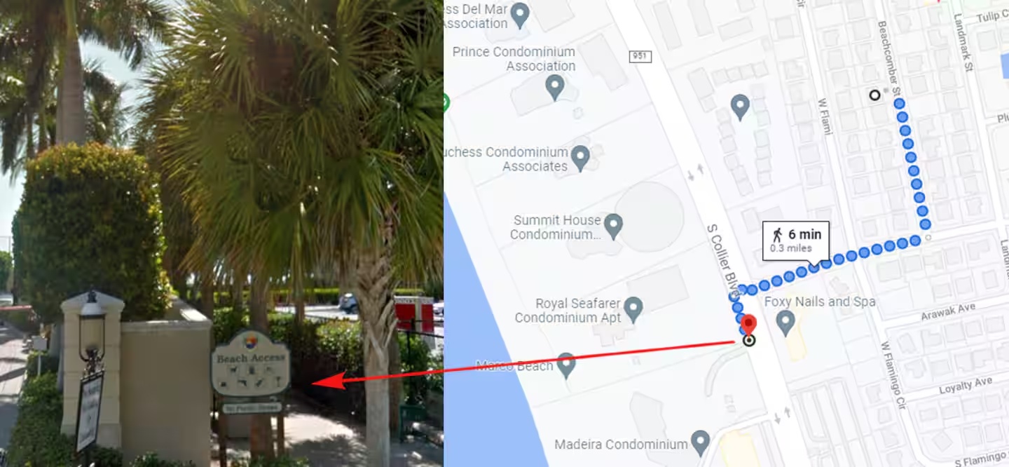 Map showing a six-minute walking route from the property area to Marco Beach access